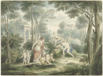 Paisaje arcádico con Atenea coronando a un anciano y Venus y Adonis