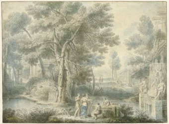 Paisaje arcádico, con una fuente a la derecha