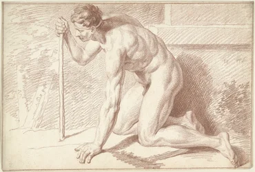 Hombre desnudo, arrodillado, con bastón, mirando a la izquierda