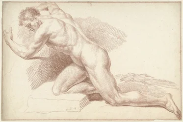 Hombre desnudo, arrodillado, mirando a la izquierda