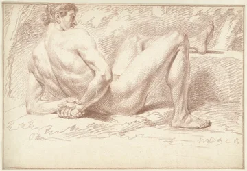Hombre desnudo, tumbado, con los brazos en la espalda