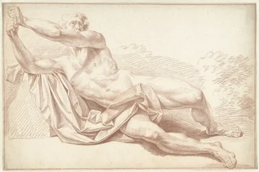 Hombre desnudo, tumbado de lado, mirando a la izquierda