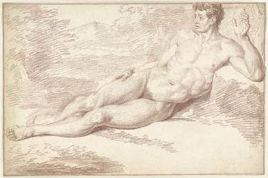 Hombre desnudo, tumbado de lado, mirando a la derecha