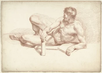 Hombre desnudo, acostado, apoyando el brazo izquierdo