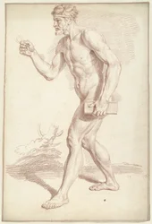 Hombre desnudo, caminando, mirando a la izquierda