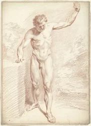 Hombre desnudo, de pie, con el brazo izquierdo levantado