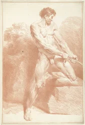 Hombre desnudo, de pie, tirando de una cuerda