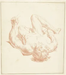 Estudio de desnudo masculino, tumbado de espaldas, mostrado de forma abreviada
