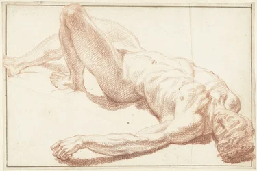 Estudio de desnudo masculino, tumbado de espaldas, con la pierna estirada