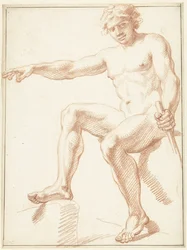 Estudio de desnudo masculino, sentado con el brazo extendido