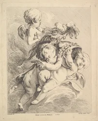 Tres cupidos sosteniendo un casco