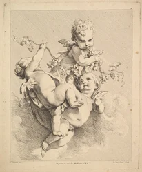 Tres cupidos jugando con ramas de vid
