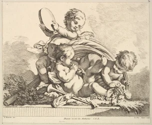 Tres cupidos, dos tocando música, uno sosteniendo hojas de palma