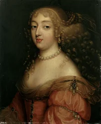 Retrato de una dama, se dice que es Laura Mancini, duquesa de Mercoeur, busto, con un vestido rojo, un collar de perlas y pendientes