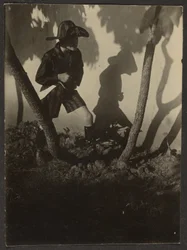 [Niño vestido de pirata en los árboles]