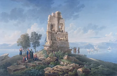 Tumba de Filopapo en Atenas, con viajeros. 1821 (tinta y acuarela)