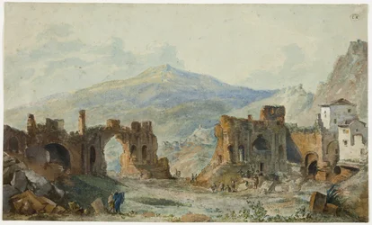 El antiguo teatro de Taormina con vistas al Etna, estudio para el Voyage Pittoresque de Naples et de Sicile de Saint Non.