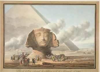 Vista de la cabeza de la Esfinge y de la pirámide de Kefrén, hacia 1790