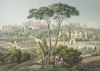 Vista de la colina Palatina en Roma, con las ruinas del Palacio de los Césares al fondo, hacia 1800