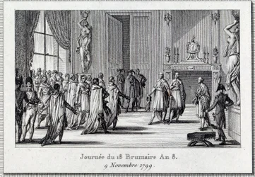 Consulado: "Napoleón Bonaparte (1769-1821) en la reunión de Saint Cloud el 18 brumario (9/11/1799)" El Golpe de Estado del 18 brumario por Napoleón Bonaparte en el Consejo de los Quinientos (sala de 500), protegido por granaderos, termina el D