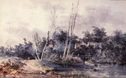 Cabañas y sauce junto a un arroyo con figuras