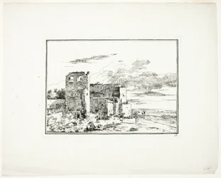 Edificios en ruinas cerca de la orilla de un río, lámina 9 de Quatrieme suite de paysages dessinés et grave a l