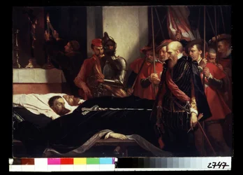 ""Últimos homenajes pagados al Conde de Horn Philippe de Montmorency (1524-1568) y a Lamoral, Conde de Egmont (1522-1568) en su lecho de muerte, ejecutados por traición tras haberse unido a la revuelta de los Gueux (principios de la Guerra de los Ochenta A