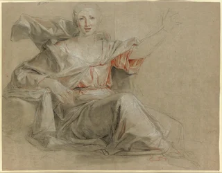 Mujer sentada, con el brazo izquierdo levantado