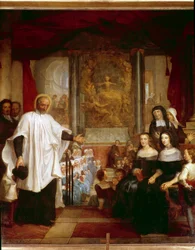 San Vicente de Paúl visita la institución de niños encontrados frente a las damas de la caridad. Pintura de Louis Galloche de 1732. París, Iglesia de Santa Margarita