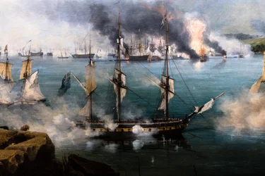 La batalla de Navarin; vista desde el extremo sur de la isla de Sphacteria