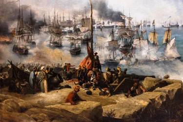 La batalla de Navarin; vista desde el extremo sur de la isla de Sphacteria