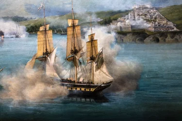 La batalla de Navarin; vista desde el extremo sur de la isla de Sphacteria