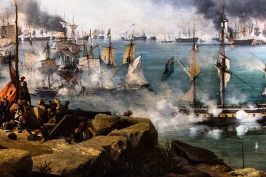 La batalla de Navarin; vista desde el extremo sur de la isla de Sphacteria