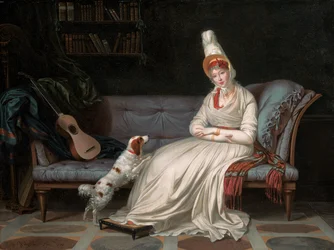 Retrato de Elizabeth, Lady Webster, luego Lady Holland, en un vestido blanco con su spaniel Pierrot, c.1795
