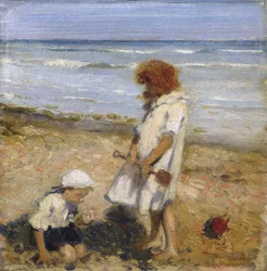Jugando en la playa (óleo sobre lienzo)