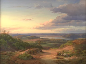 Un paisaje cerca de Himmelbjerget, Jutlandia. En primer plano una familia gitana