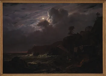 Vista de Kullen en Suecia. Contrabandistas escondiendo sus bienes entre las rocas. Luz de luna