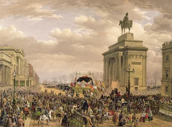 Funeral del Duque de Wellington, el coche fúnebre pasando por el arco en Apsley House, 18 de noviembre de 1852, grabado por Thomas Picken, publicado por Ackermann y Day, 1853