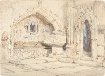 Interior de una Iglesia con una Tumba en la Pared y una Pila Bautismal Medieval