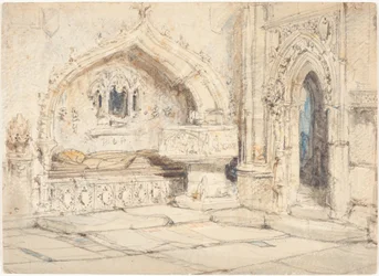 Interior de una iglesia con una tumba mural y una pila bautismal medieval