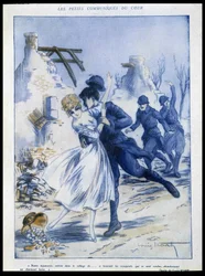 Soldados entrando en la ciudad, uno besando a una mujer, "botín encantador", Ilustración de Louis Icart (1888-1950) En "Fantasio" 15/12/1915
