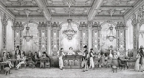 Café de la Banque de France construido por el arquitecto Dusillon y ubicado en Place de Victoire - Grabado de Schaal - 1839