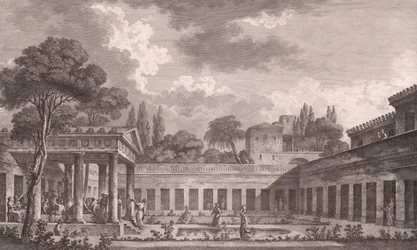 Reconstrucción ideal de la Villa de Diómedes en Pompeya a su estado original antes de la erupción del Monte Vesubio en 79 d.C., Campania, Italia, grabado según dibujo de Louis Jean Desprez (1743-1804)