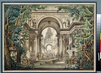 ""La procession au temple"" (Procesión en un templo) Escenografía para una obra de teatro. Acuarela de Louis Jean Desprez (1743-1804) Museo Pushkin, Moscú