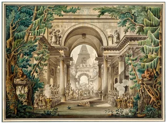Procesión en un templo. Diseño de escenario para una obra de teatro, siglo XVIII o principios del XIX