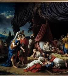 Muerte de la esposa de Darío. Esta obra, inspirada en la historia antigua de Rollin y la serie de Triunfos de Alejandro de Le Brun, representa al emperador griego reunido ante el cuerpo de la esposa de Darío. Esta pintura pintada en Roma lleva la mención L