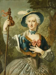 Retrato de una Dama, Tres Cuartos de Longitud, Vestida como una Peregrina, y Usando un Sombrero de Paja Forrado de Azul y una Pluma, 1747