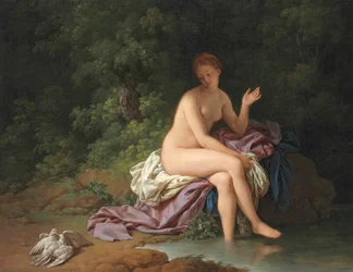 Una dama bañándose junto a un río, con dos tórtolas