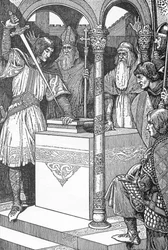 Arturo saca la espada Excalibur de un yunque Ilustración de Louis Rhead (1858-1926) de "el rey Arturo y sus caballeros" 1923 Colección privada