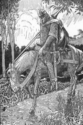 Mordred (Modred) hiere a su padre, el rey Arturo, después de la batalla de Camlann. Ilustración de Louis Rhead (1858-1926) de «El rey Arturo y sus caballeros», 1923, colección privada